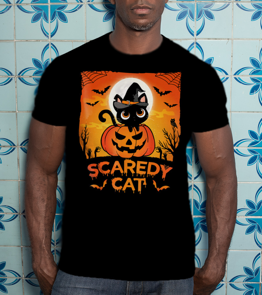 Scaredy Cat Halloween Kitten On Pumpkin With Witch Hat And Bats T-Shirt
