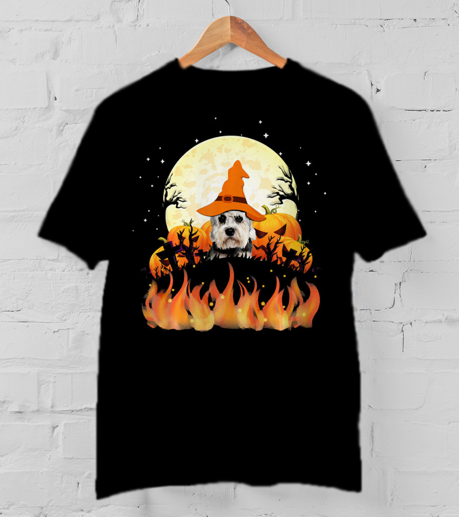 Halloween Dandie Dinmont Terrier Witch Dog Lovers Moon And Pumpkin Scene T-Shirt