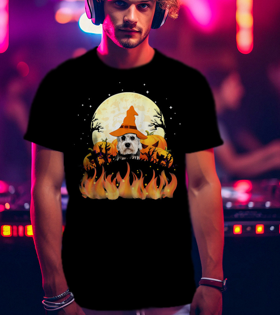 Halloween Dandie Dinmont Terrier Witch Dog Lovers Moon And Pumpkin Scene T-Shirt
