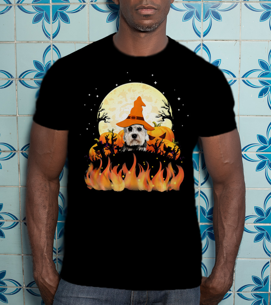 Halloween Dandie Dinmont Terrier Witch Dog Lovers Moon And Pumpkin Scene T-Shirt