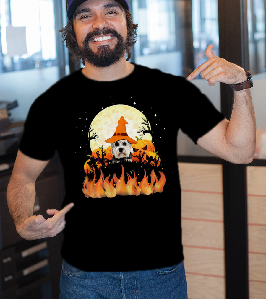 Halloween Dandie Dinmont Terrier Witch Dog Lovers Moon And Pumpkin Scene T-Shirt
