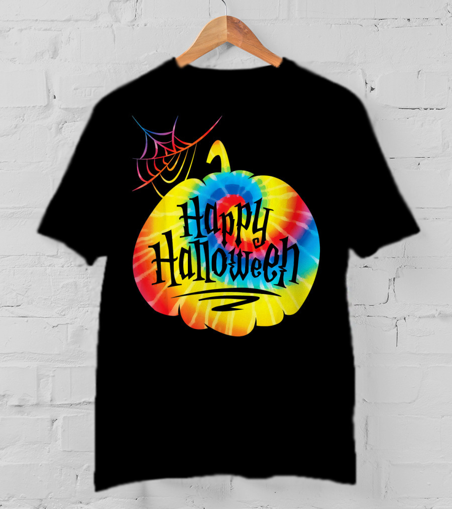 Tie Dye Pumpkin Happy Halloween Spiderweb T-Shirt