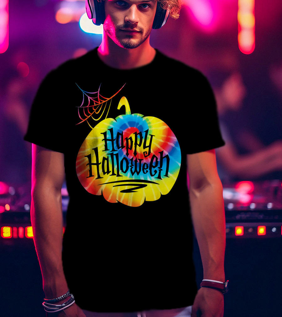 Tie Dye Pumpkin Happy Halloween Spiderweb T-Shirt