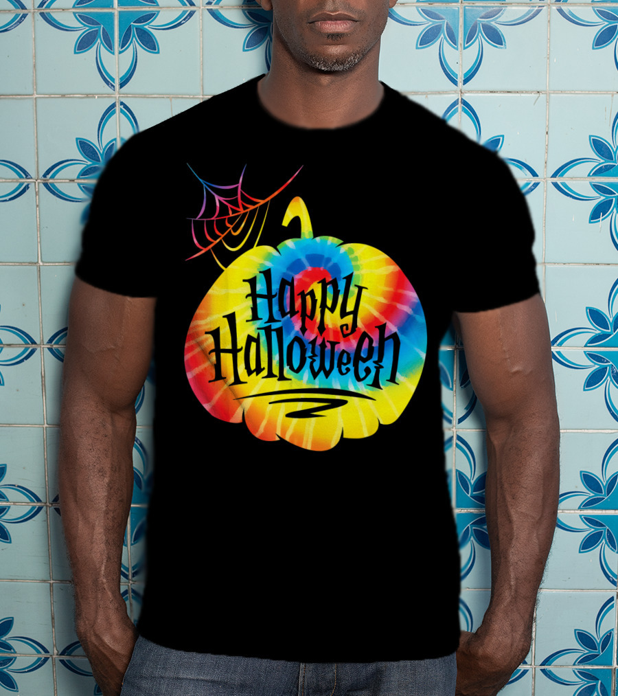 Tie Dye Pumpkin Happy Halloween Spiderweb T-Shirt