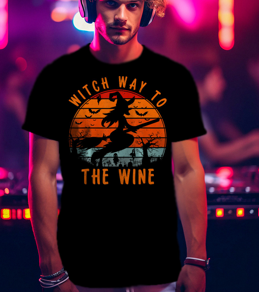 Witch Way To The Wine Halloween Spooky Bats Sunset T-Shirt