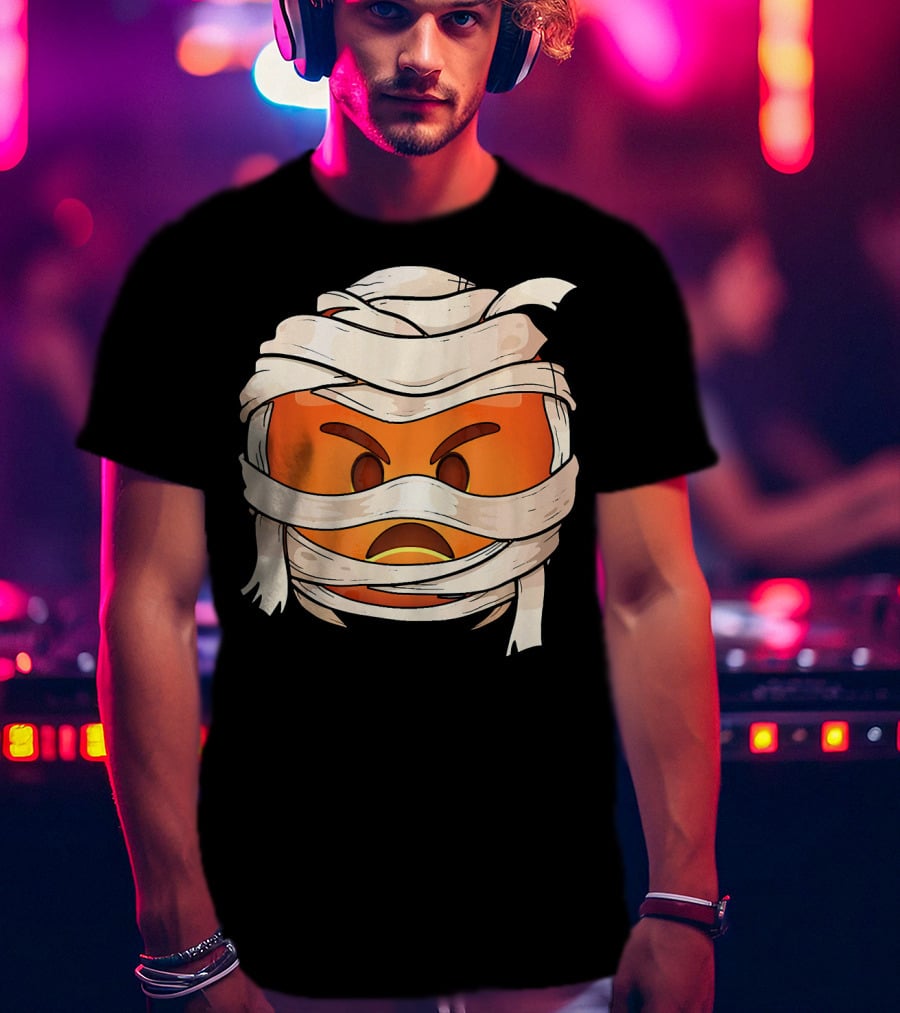 Pouting Face Mummy Emoji Halloween Wrapped In Bandages T-Shirt