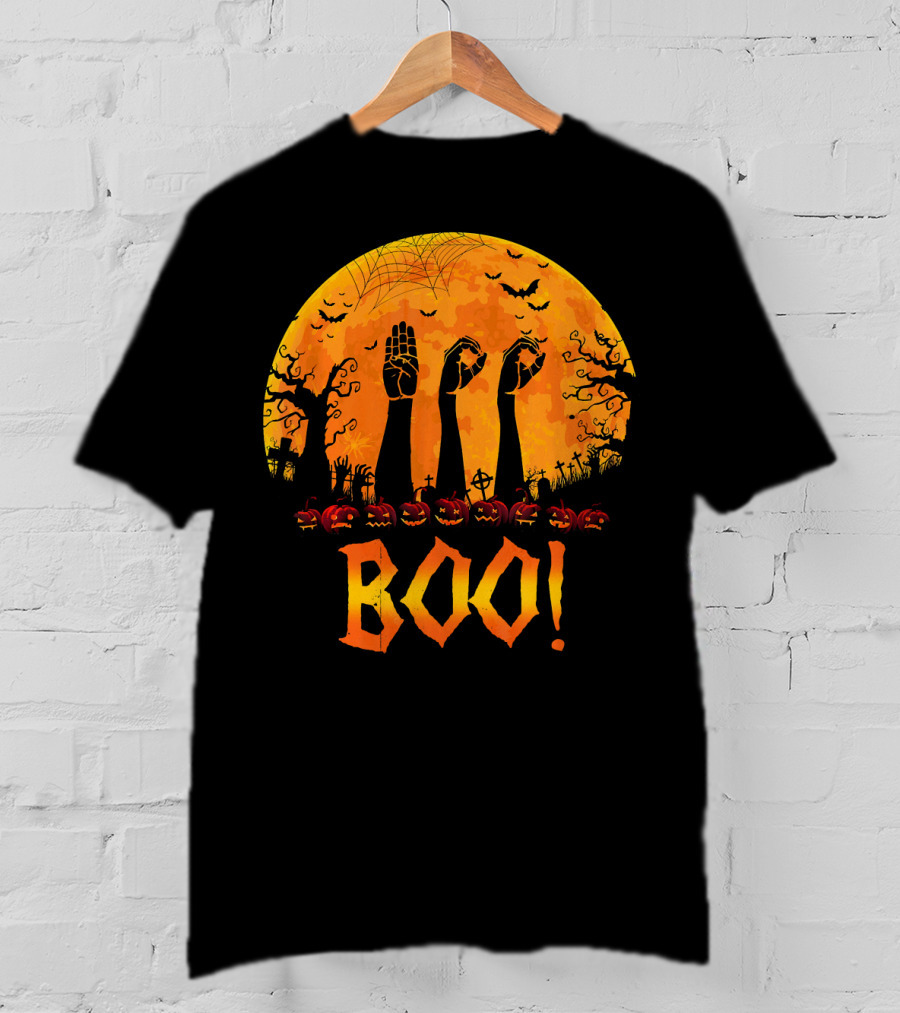 BOO ASL Sign Language With Zombie Hands And Spooky Halloween Moon T-Shirt