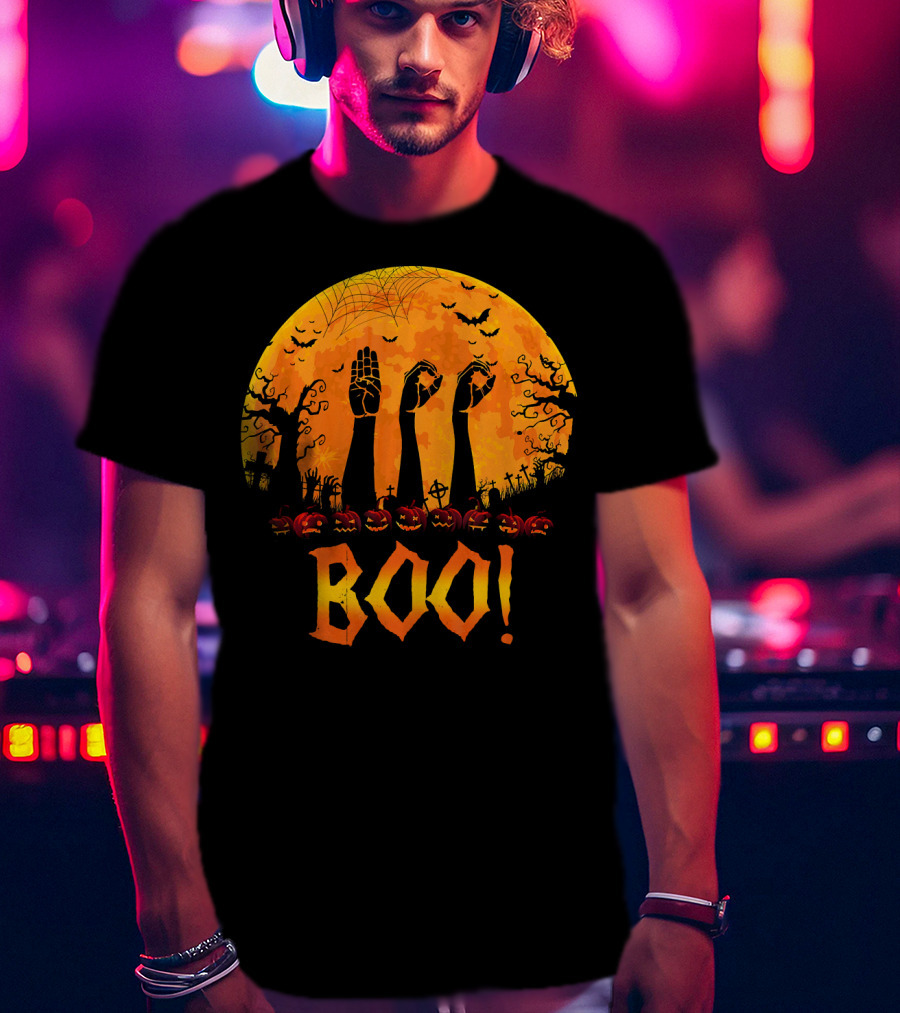 BOO ASL Sign Language With Zombie Hands And Spooky Halloween Moon T-Shirt