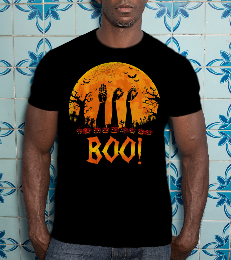 BOO ASL Sign Language With Zombie Hands And Spooky Halloween Moon T-Shirt