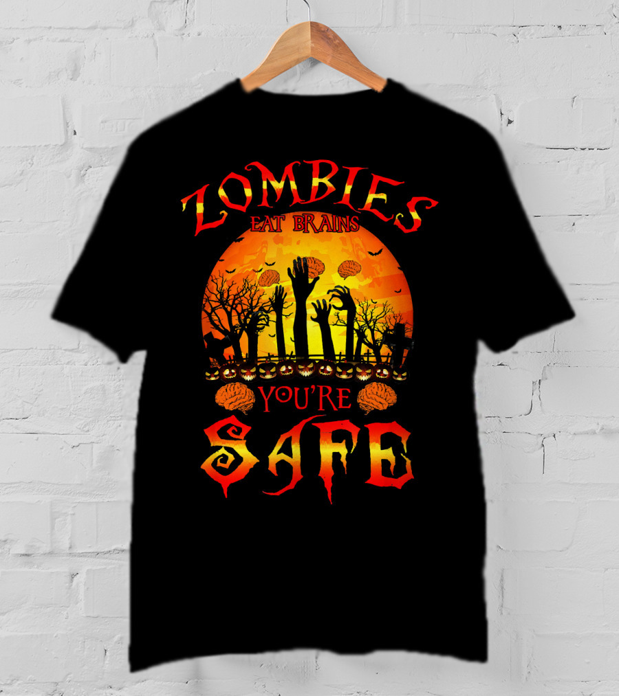 Zombies Eat Brains You're Safe Halloween Rising Hands And Brains Silhouette Sunset T-Shirt