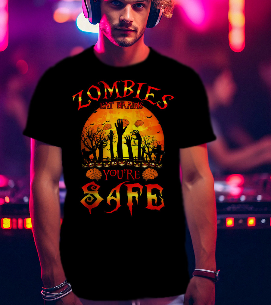 Zombies Eat Brains You're Safe Halloween Rising Hands And Brains Silhouette Sunset T-Shirt