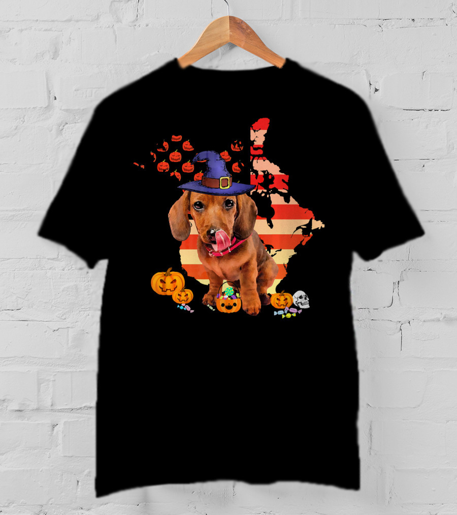 Halloween Witch Hat Daschund Dog With Pumpkin And Candy Canada Map T-Shirt