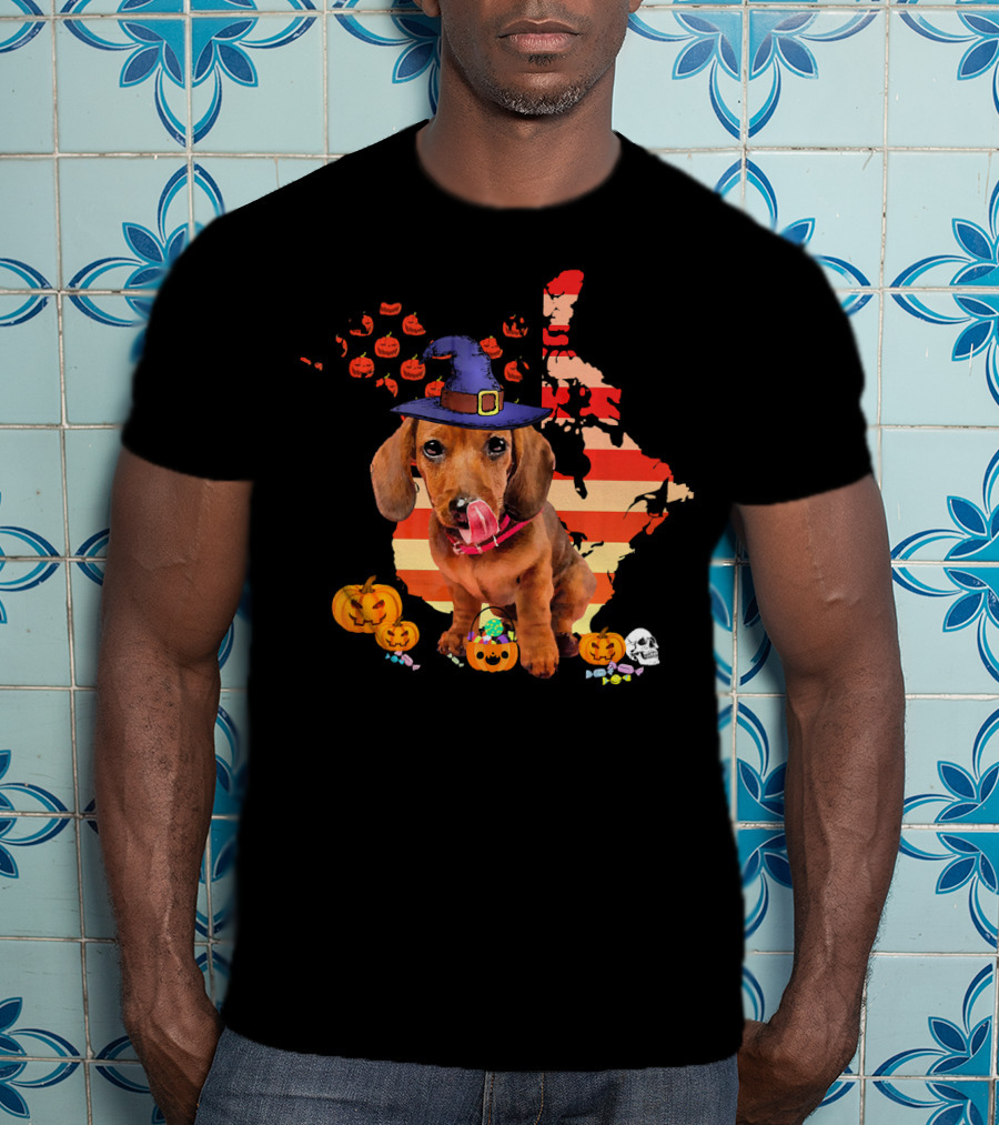Halloween Witch Hat Daschund Dog With Pumpkin And Candy Canada Map T-Shirt