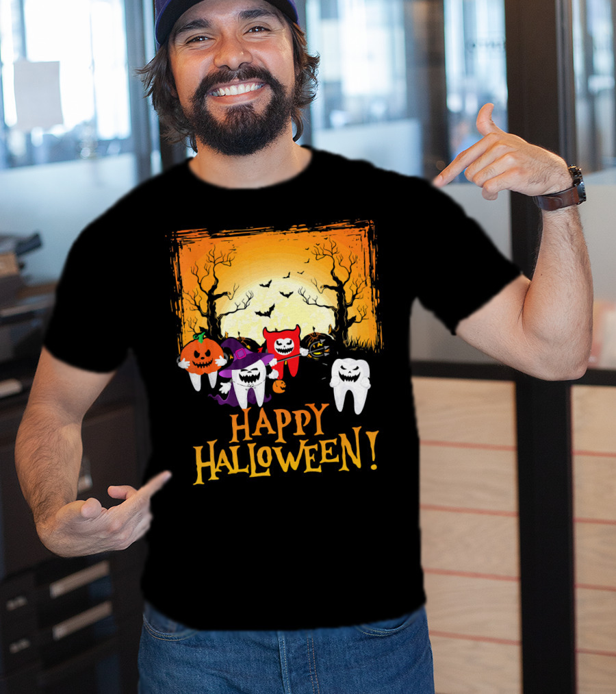 Happy Halloween Funny Teeth And Pumpkins T-Shirt