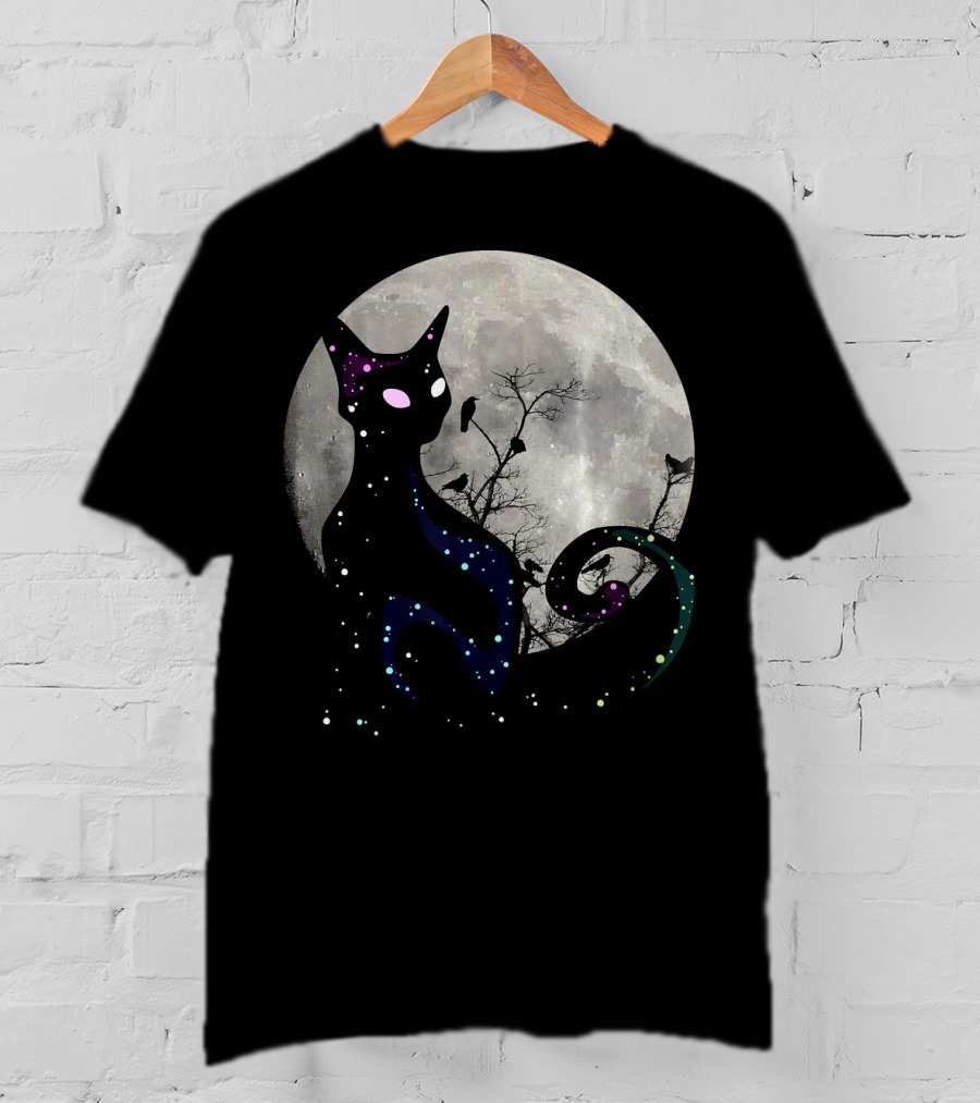 Halloween Cat Scary Black Cat Gothic Full Moon Night Sky T-Shirt