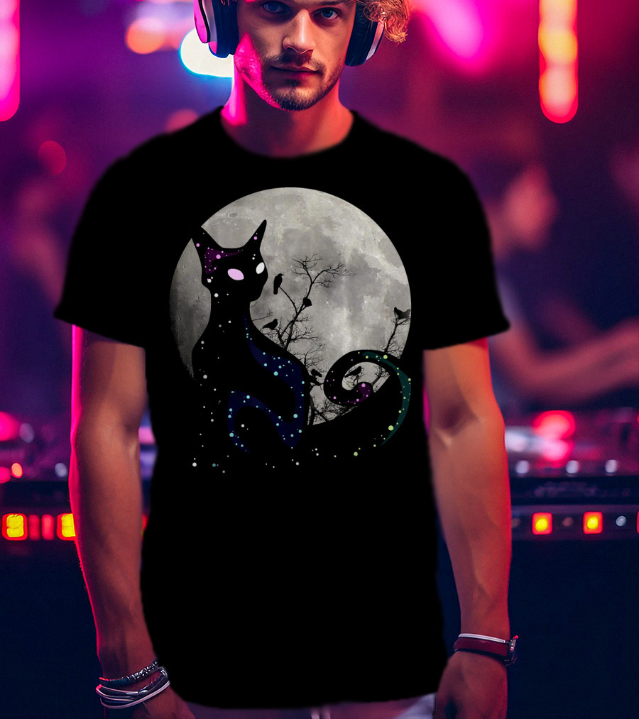 Halloween Cat Scary Black Cat Gothic Full Moon Night Sky T-Shirt
