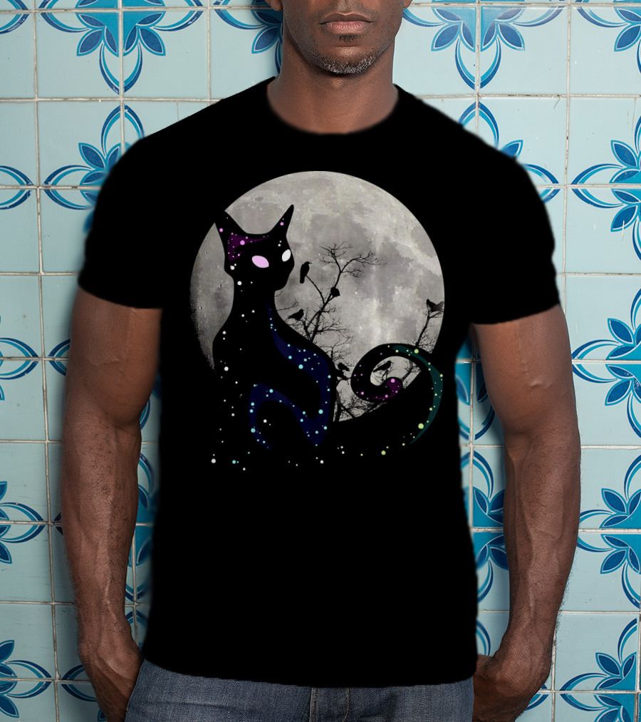 Halloween Cat Scary Black Cat Gothic Full Moon Night Sky T-Shirt