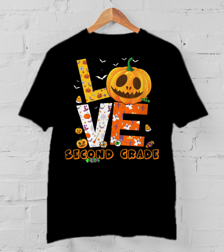 Love Second Grade Funny Halloween Pumpkin Kids T-Shirt