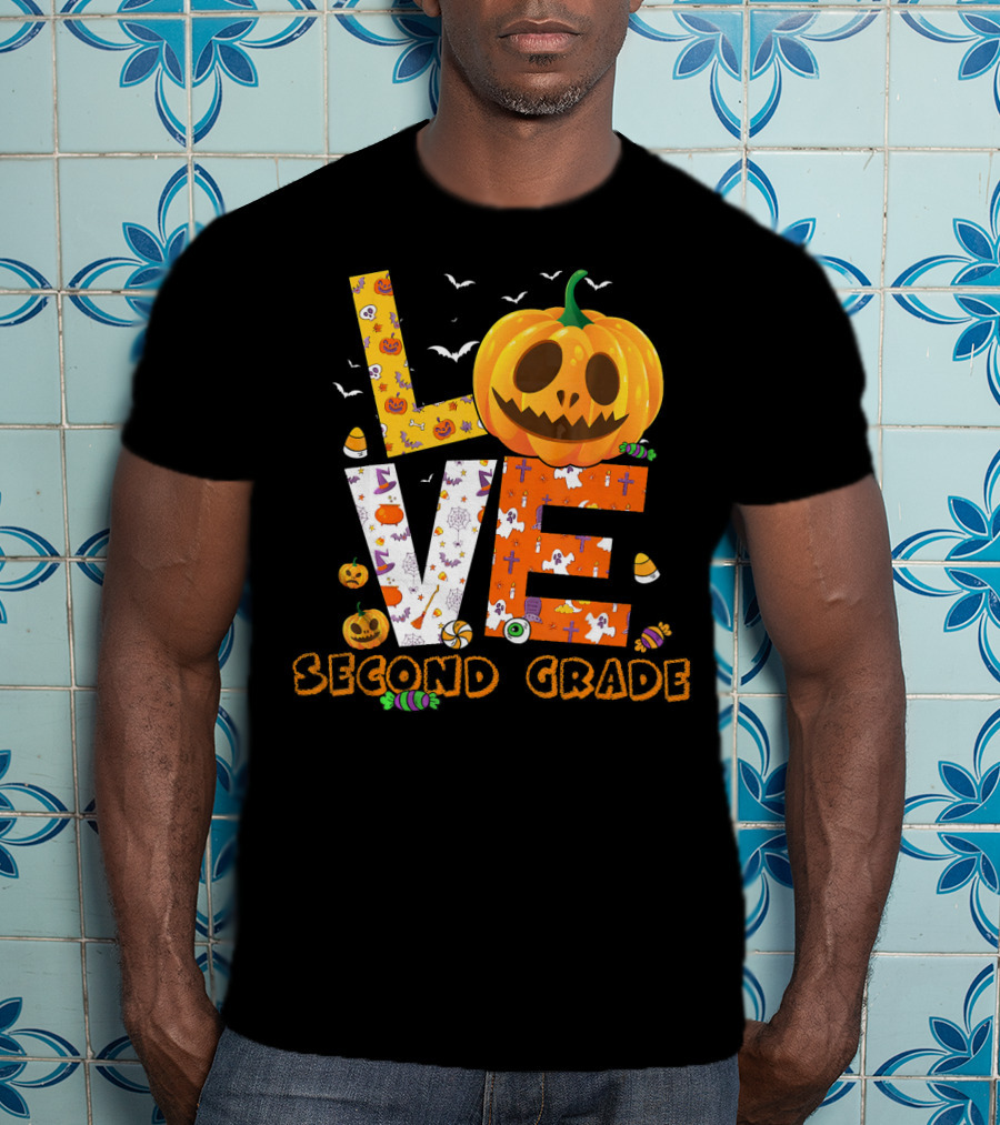 Love Second Grade Funny Halloween Pumpkin Kids T-Shirt