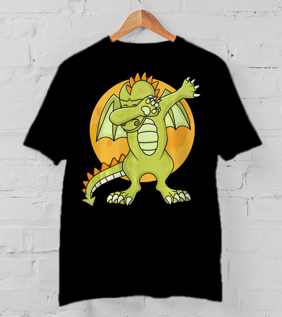 Halloween Dabbing Dragon With Orange Moon Background T-Shirt