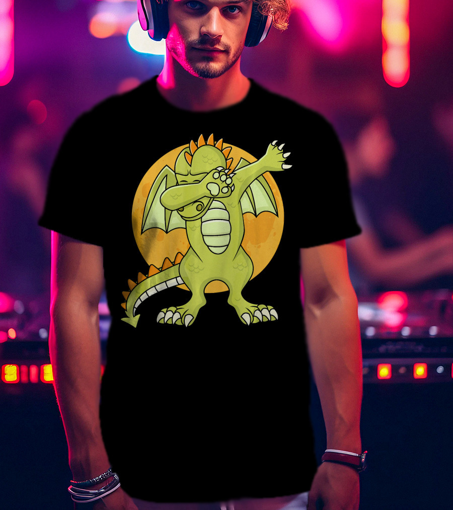 Halloween Dabbing Dragon With Orange Moon Background T-Shirt