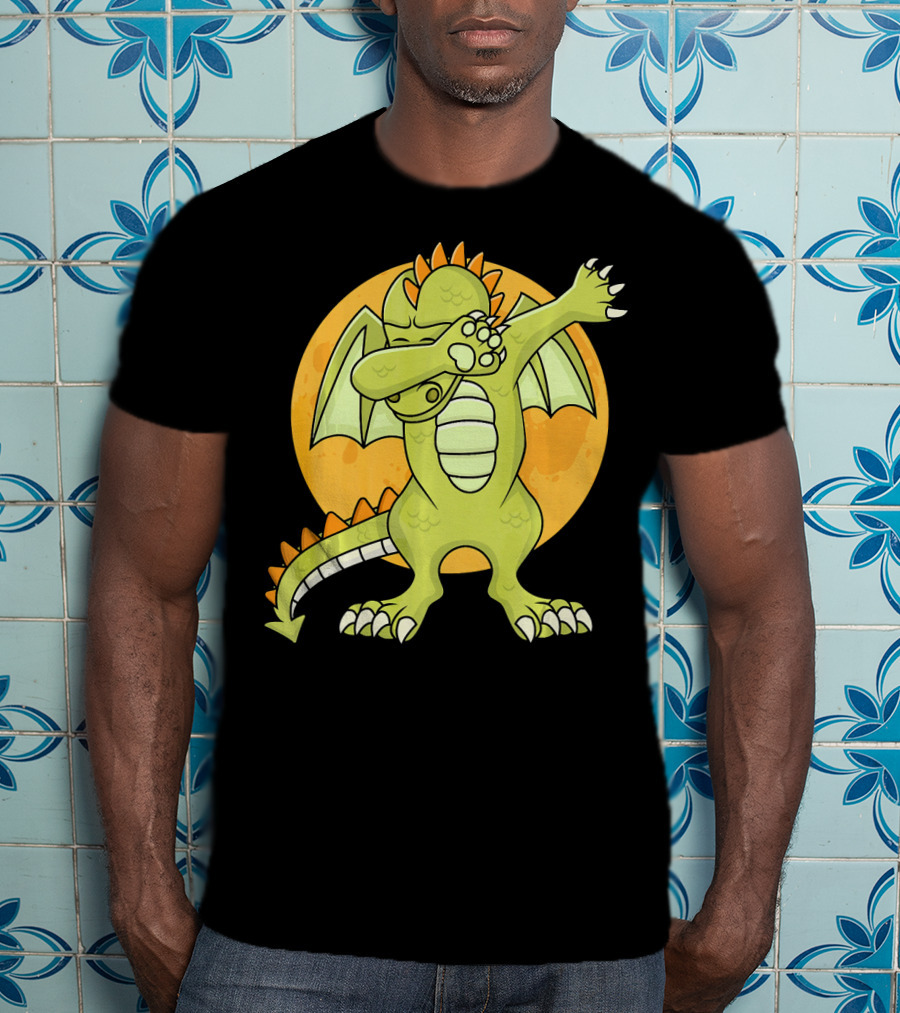 Halloween Dabbing Dragon With Orange Moon Background T-Shirt
