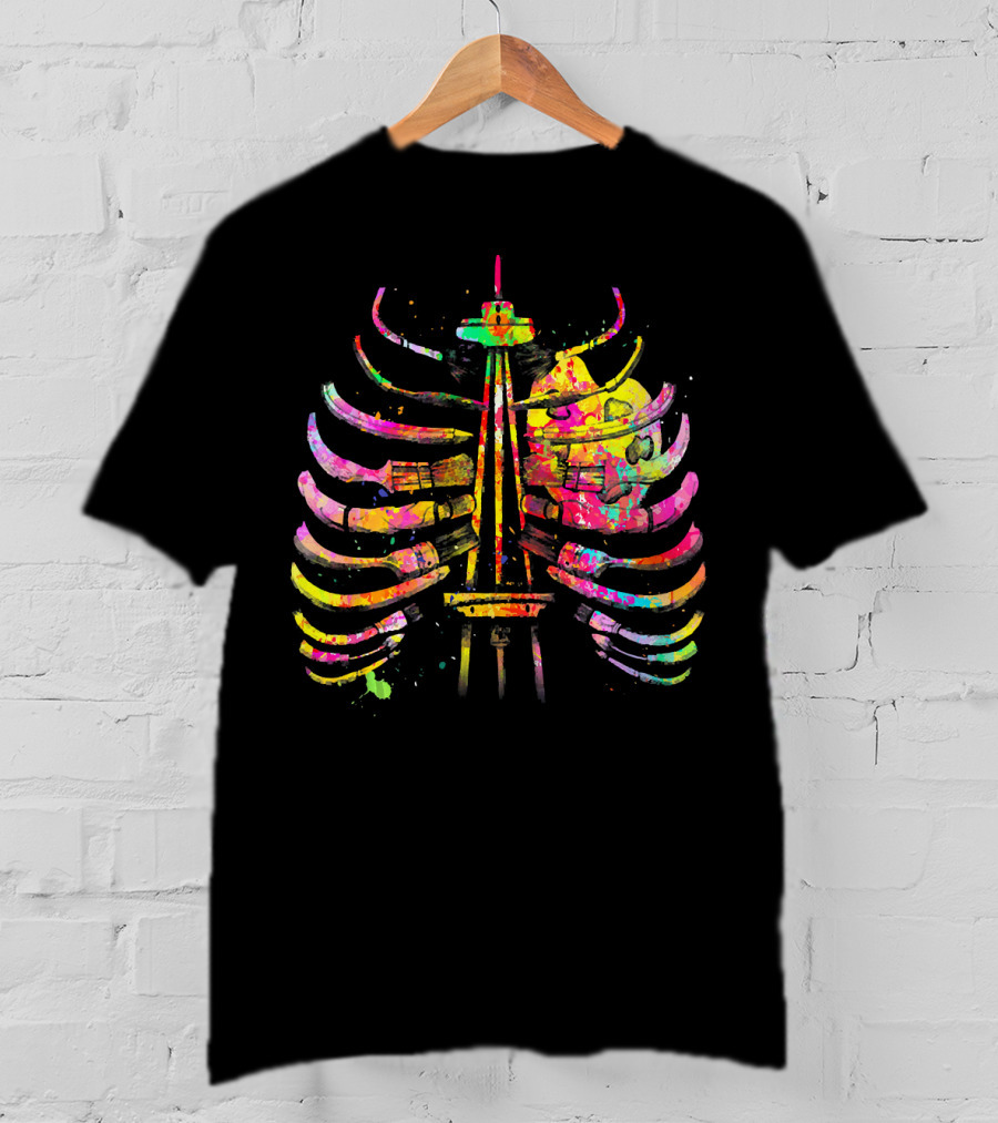Colorful Seattle Space Needle Skeleton Ribcage Halloween T-Shirt