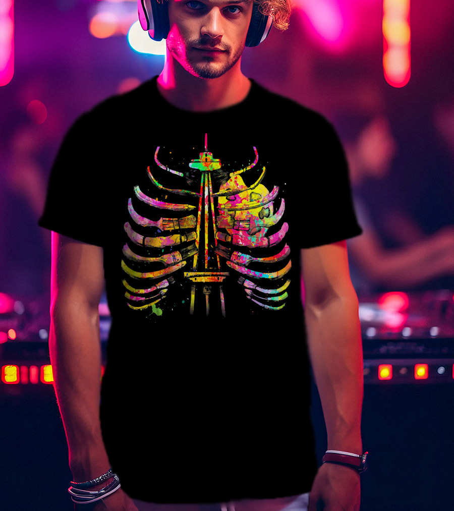 Colorful Seattle Space Needle Skeleton Ribcage Halloween T-Shirt