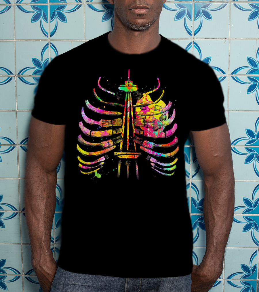Colorful Seattle Space Needle Skeleton Ribcage Halloween T-Shirt