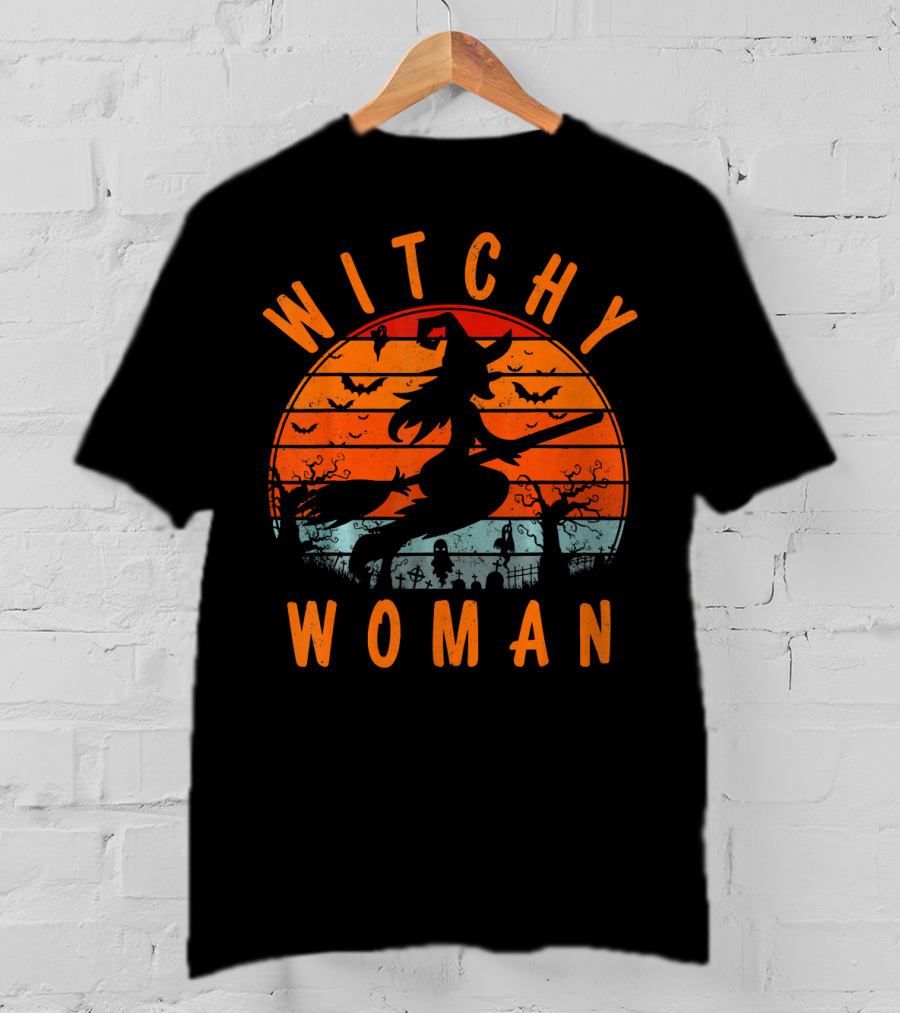 Witchy Woman Flying On Broomstick With Spooky Halloween Sunset Background T-Shirt