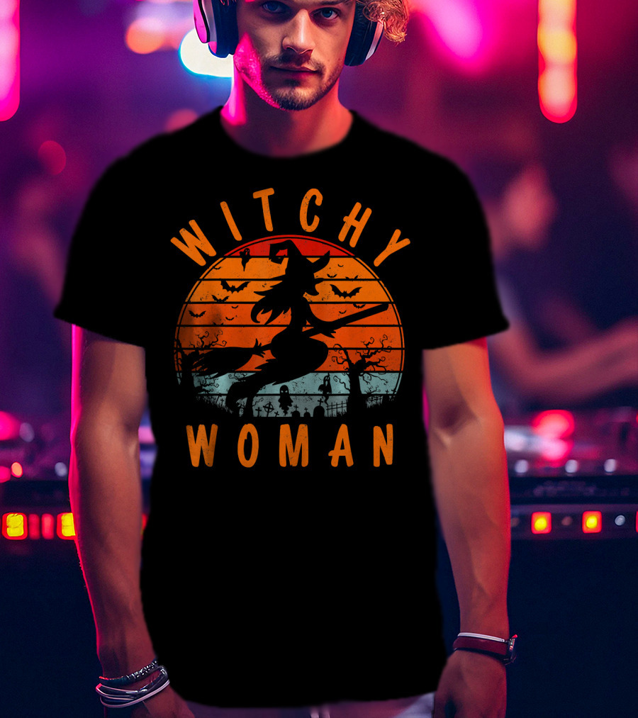 Witchy Woman Flying On Broomstick With Spooky Halloween Sunset Background T-Shirt