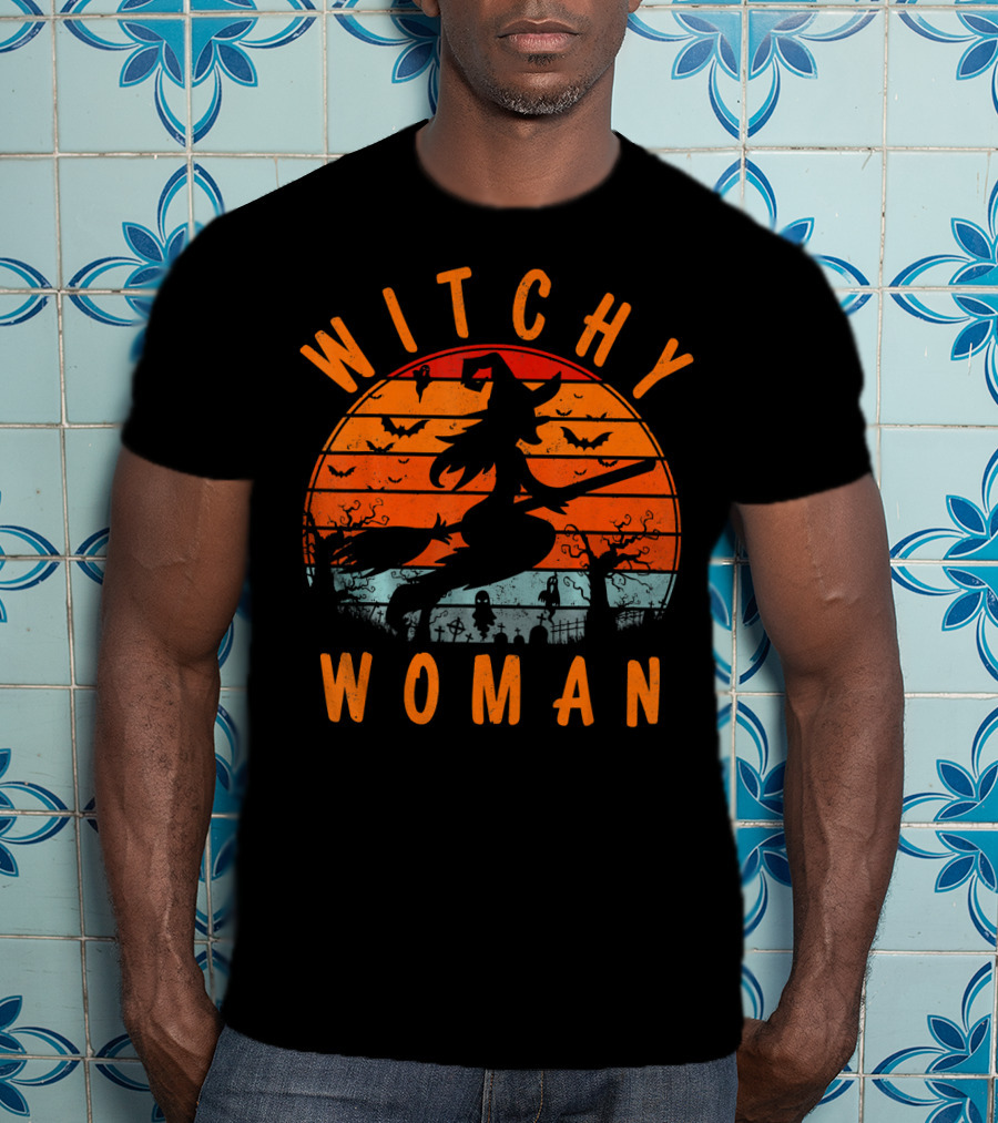 Witchy Woman Flying On Broomstick With Spooky Halloween Sunset Background T-Shirt