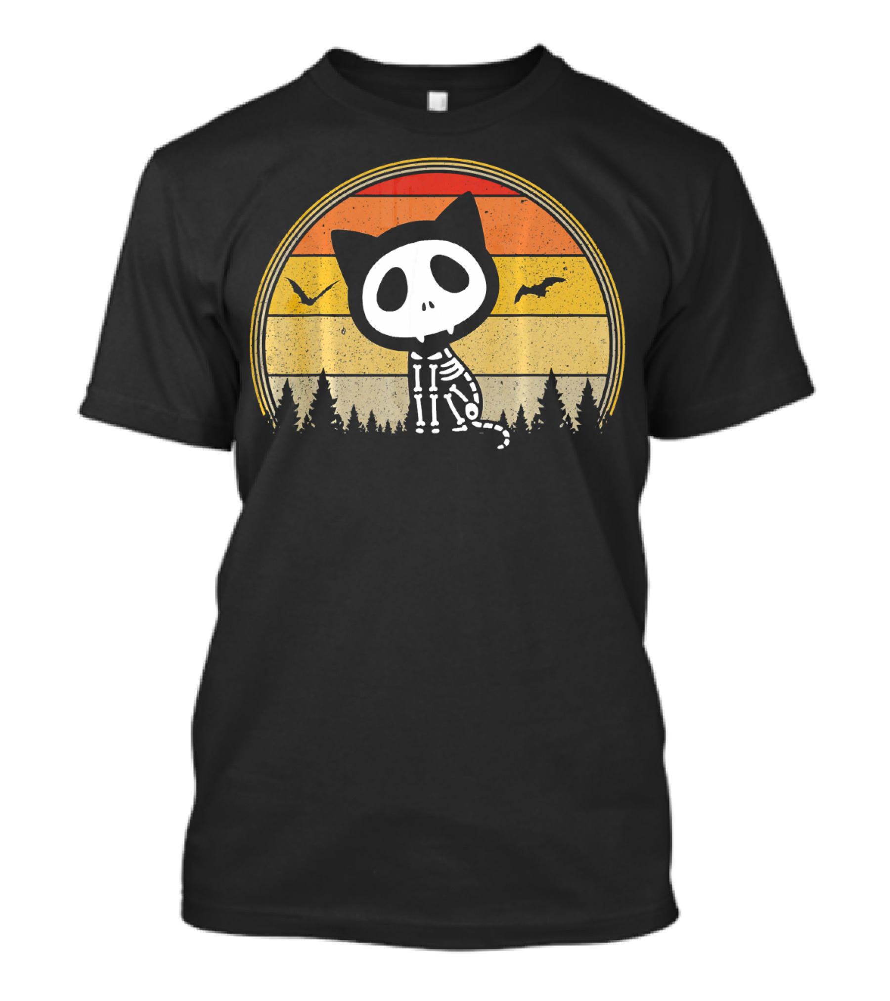 Cat Skeleton Spooky Vampire Halloween Vintage Sunset Forest Bats T-Shirt