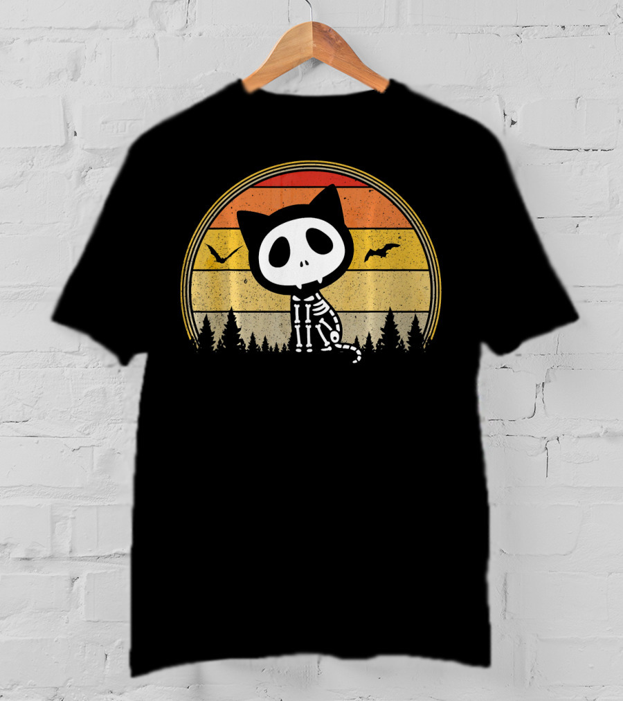 Cat Skeleton Spooky Vampire Halloween Vintage Sunset Forest Bats T-Shirt