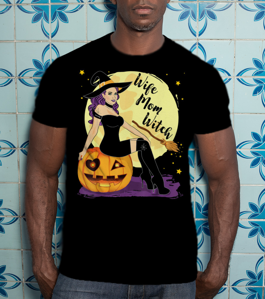 Wife Mom Witch Halloween Women Bro Pumpkin Moon Broomstick T-Shirt