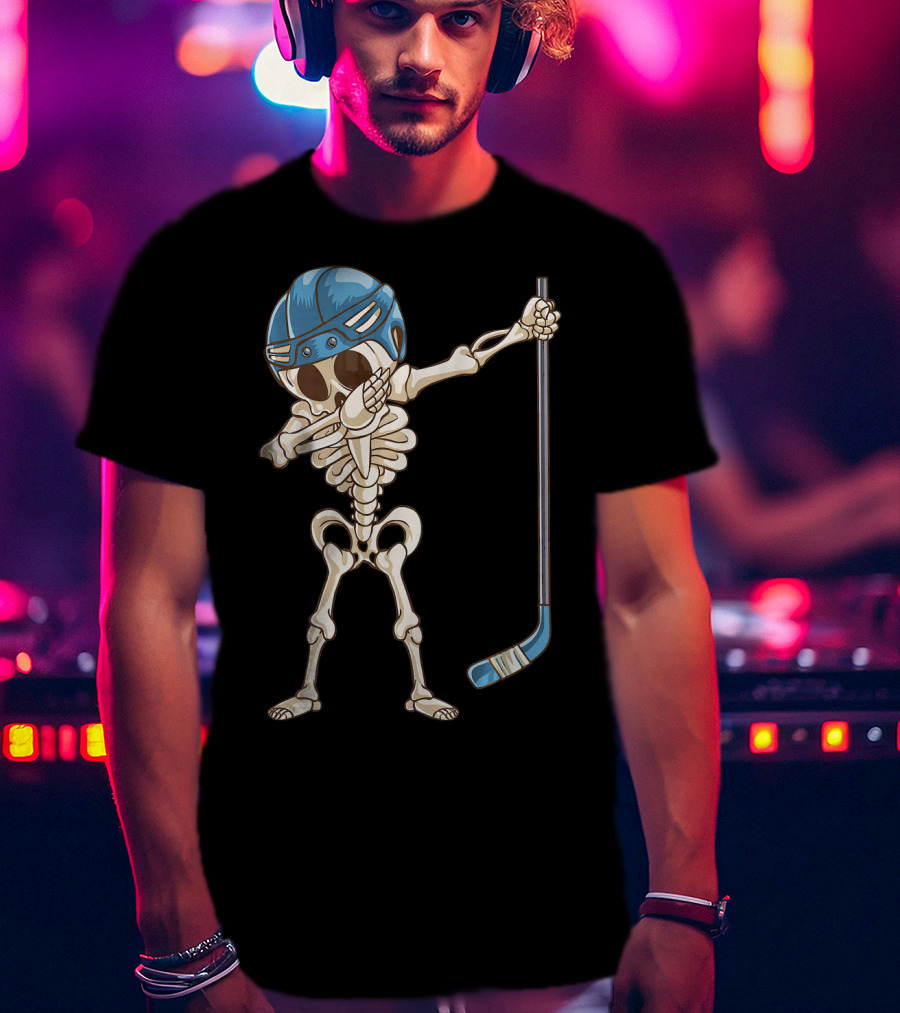 Dabbing Skeleton With Hockey Stick And Helmet T-Shirt