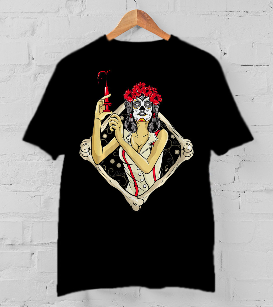 Halloween Nurse Day Of The Dead Dia De Los Muertos Skeleton Syringe Flower Crown T-Shirt