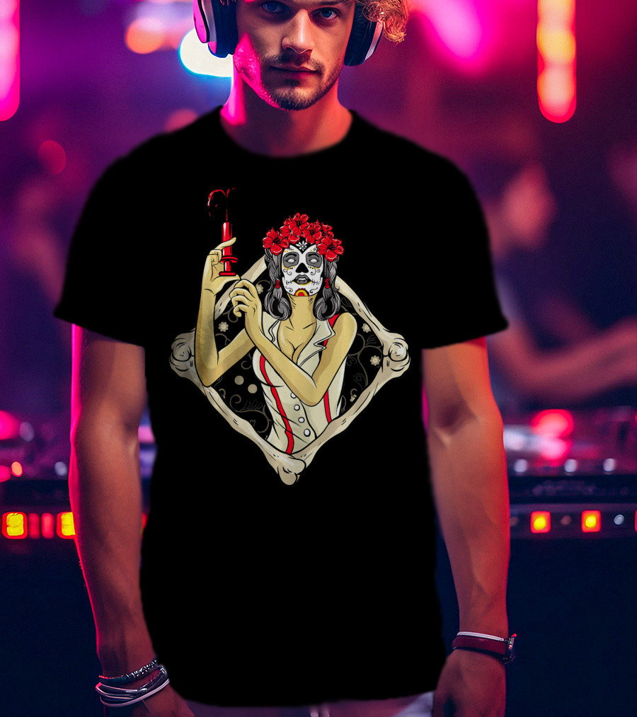 Halloween Nurse Day Of The Dead Dia De Los Muertos Skeleton Syringe Flower Crown T-Shirt