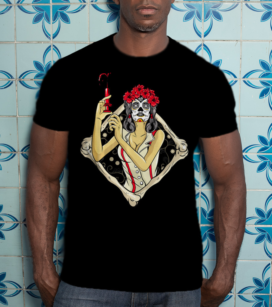 Halloween Nurse Day Of The Dead Dia De Los Muertos Skeleton Syringe Flower Crown T-Shirt