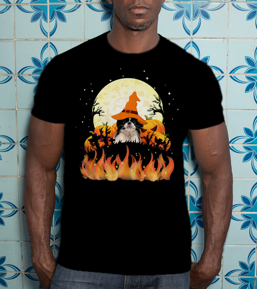 Japanese Chin Dog Lovers Halloween Pumpkin Witch Hat Full Moon Fire Magic T-Shirt