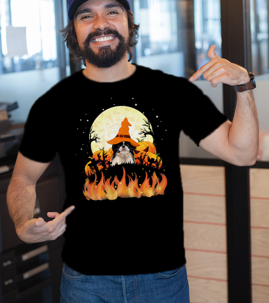 Japanese Chin Dog Lovers Halloween Pumpkin Witch Hat Full Moon Fire Magic T-Shirt