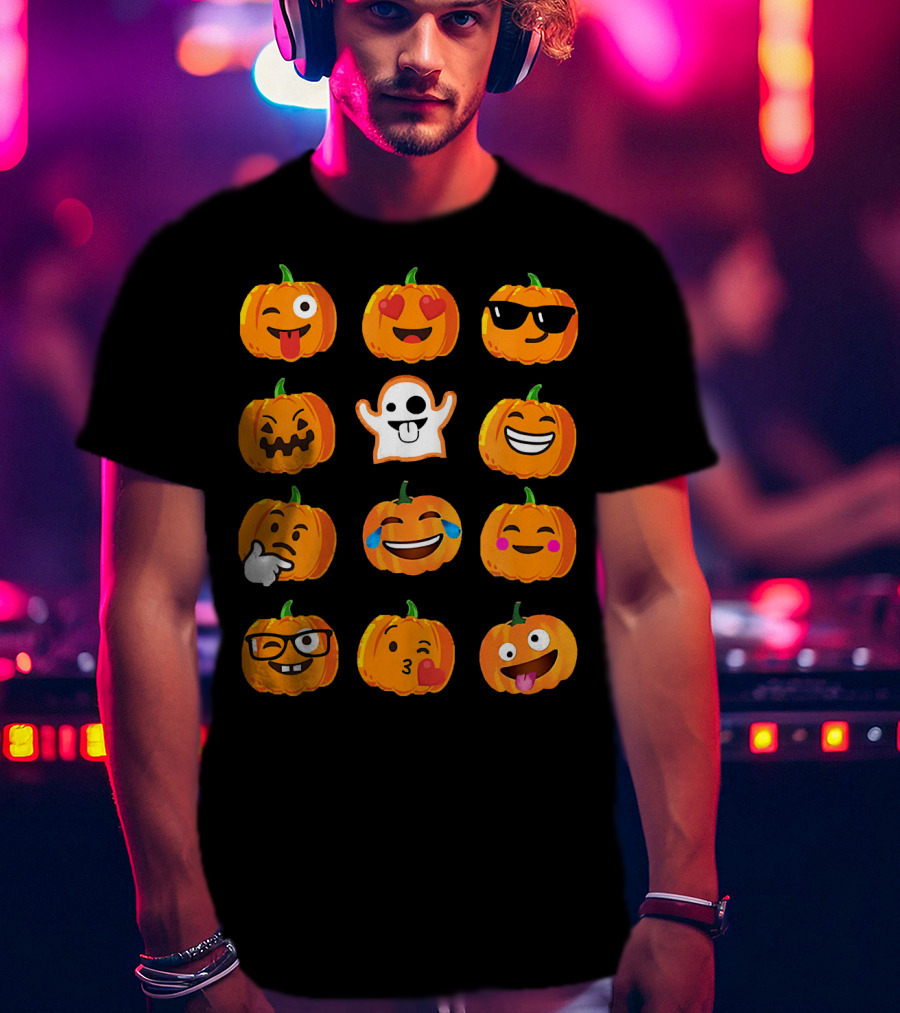 Emoji Faces Pumpkins And Ghost Halloween T-Shirt
