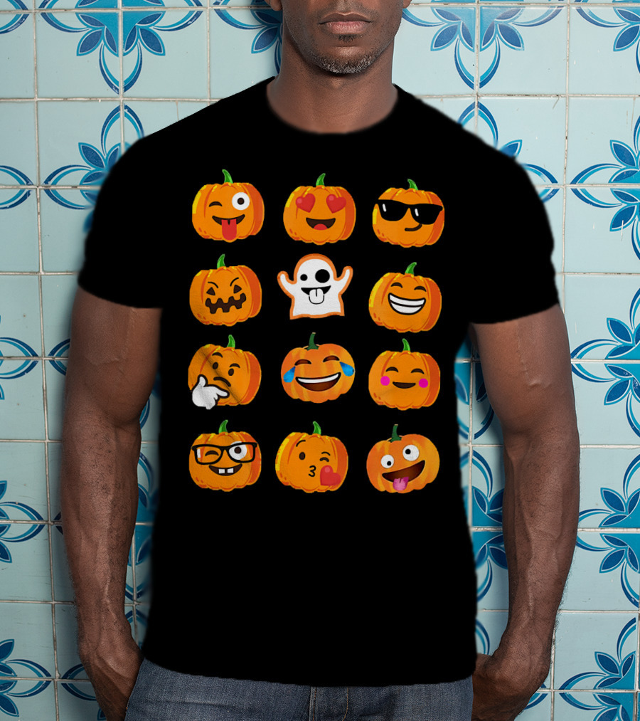 Emoji Faces Pumpkins And Ghost Halloween T-Shirt