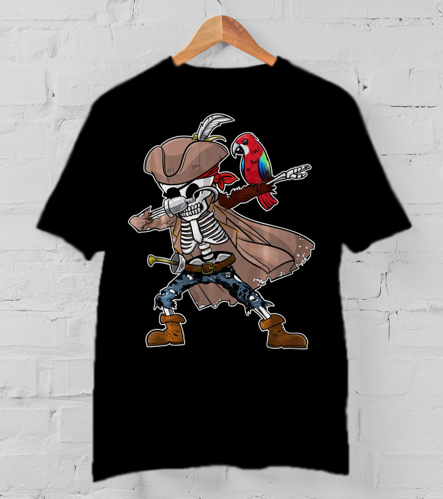 Skeleton Pirate Dabbing With Parrot And Sword T-Shirt