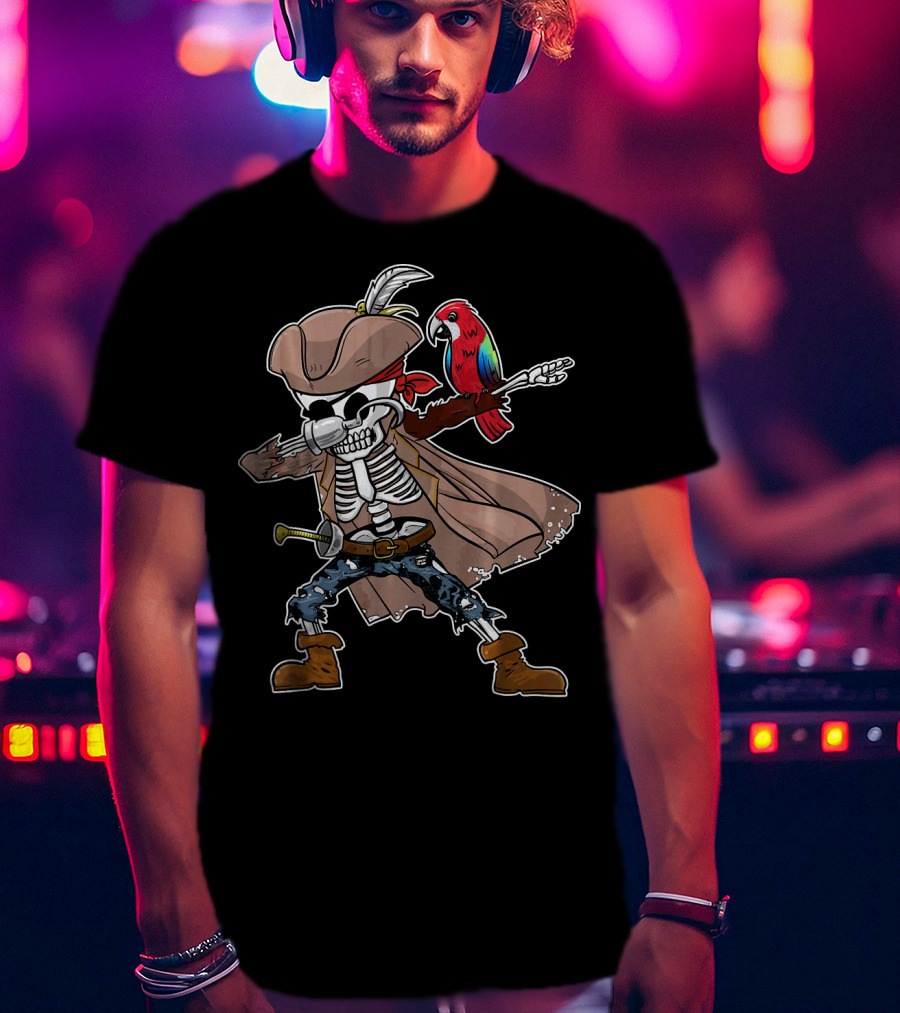 Skeleton Pirate Dabbing With Parrot And Sword T-Shirt
