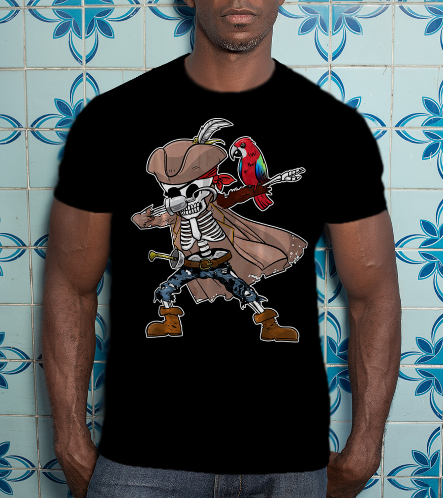 Skeleton Pirate Dabbing With Parrot And Sword T-Shirt