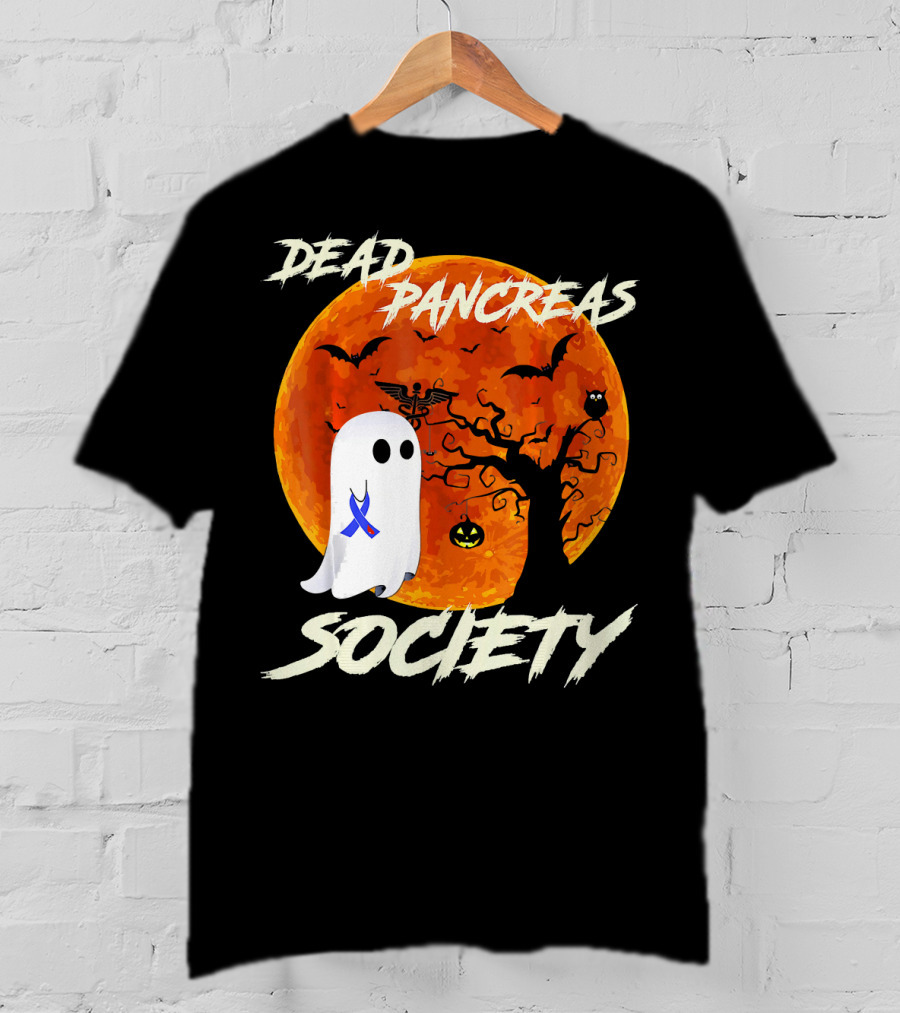 Dead Pancreas Society Ghost Halloween Moon Bats Pumpkin T-Shirt