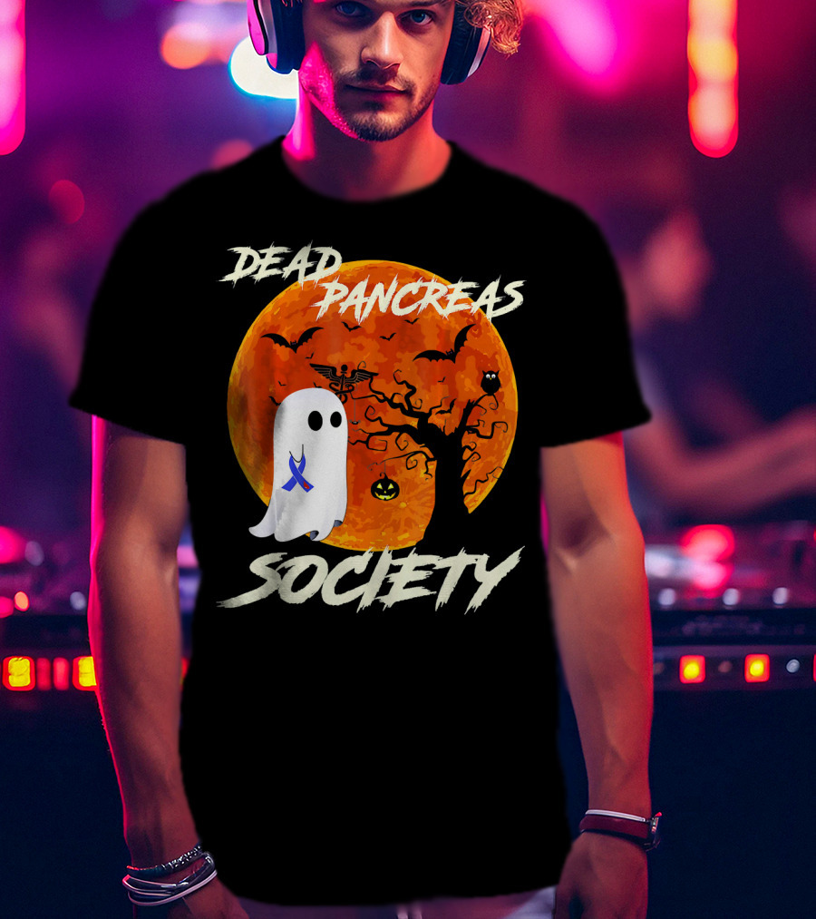 Dead Pancreas Society Ghost Halloween Moon Bats Pumpkin T-Shirt