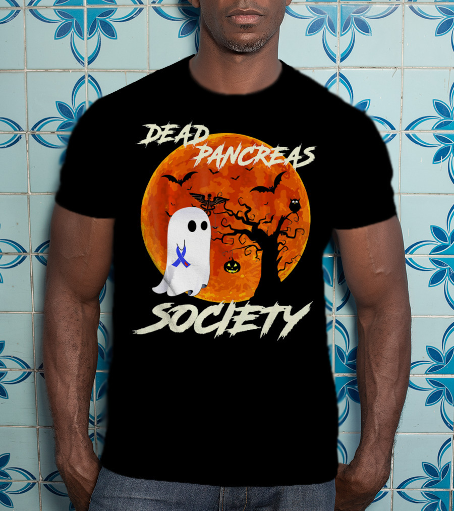 Dead Pancreas Society Ghost Halloween Moon Bats Pumpkin T-Shirt