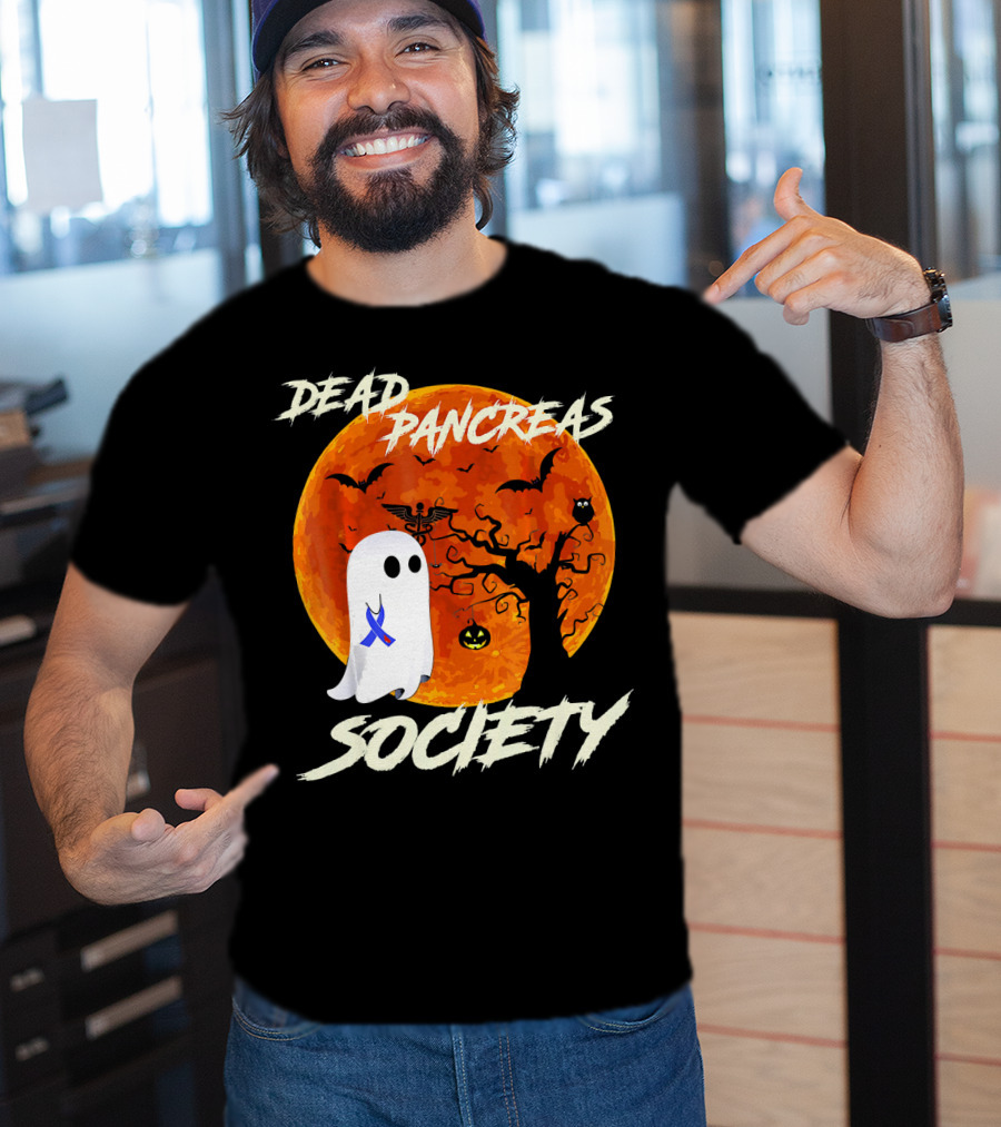 Dead Pancreas Society Ghost Halloween Moon Bats Pumpkin T-Shirt